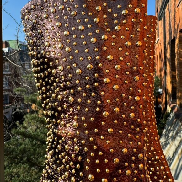 New Jeffrey Campbell Iconic Heeled Studded Boots Shoes Gold Bronze Womens 10 - Picture 2 of 11